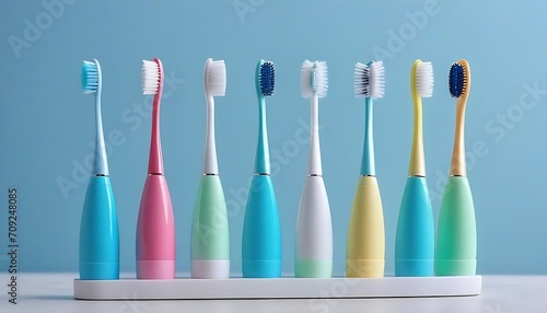 Different toothbrushes in holder on light blue background, closeup