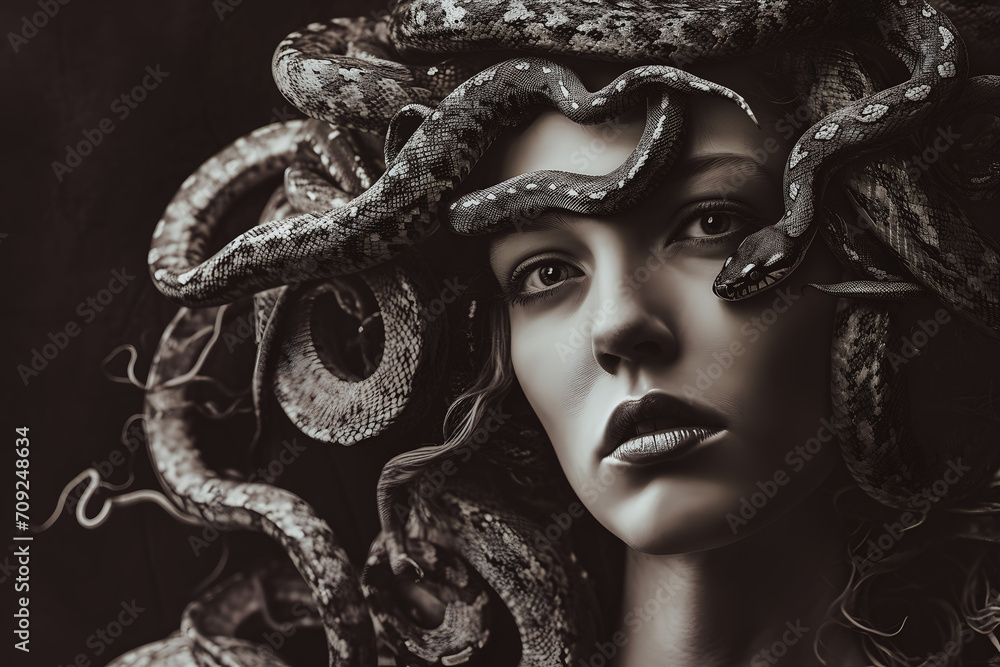 Méduse, la femme aux cheveux de serpents dans la mythologie grecque Stock Illustration Adobe Stock
