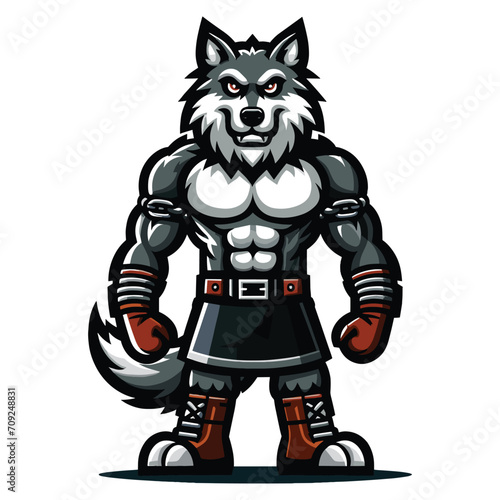 Strong body muscle boxing fighter wolf fox dog mascot design vector illustration, logo template isolated on white background