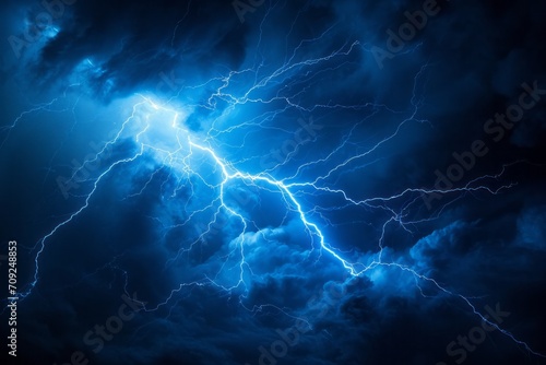 Lightning rays electrical energy charge thunder in dark night sky photo