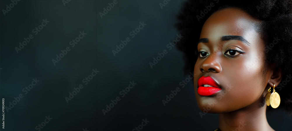 Portrait of young African American woman in seductive make-up. beautiful woman with red lips, big eyes with large earrings on a color background - obrazy, fototapety, plakaty 