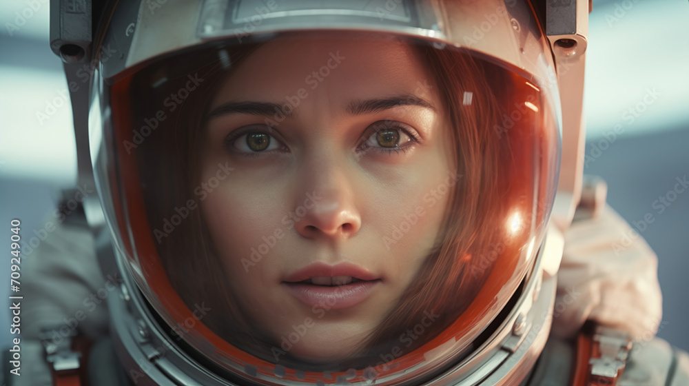 A close-up portrait of a female cosmonaut in a protective suit. An expedition to the moon or another planet in the solar system. The concept of open space exploration