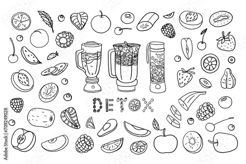Set of fruits, berries and blender. Healthy food. Detox fruits. Strawberry, avocado, orange, raspberries, banana, apple, peach, kiwi, cherry and other. Vector illustration. Hand drawn. Doodle style