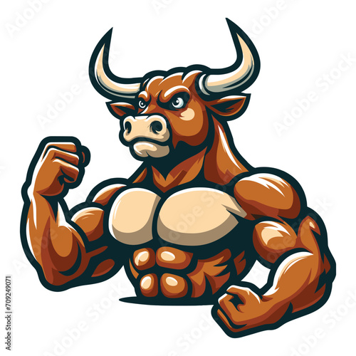 Strong athletic body muscle bull mascot design vector illustration, logo template isolated on white background