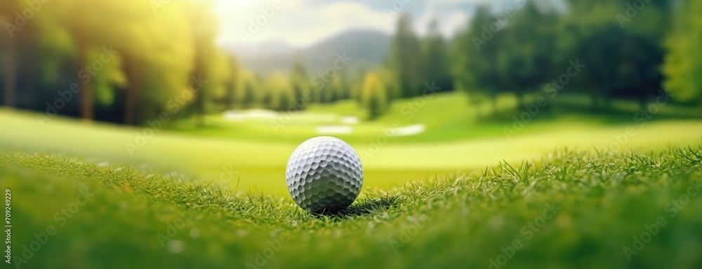 Golf ball on the course with a mountain backdrop. Stunning green mountains. Ready for a swing at an Olympic event. Panorama with copy space. Golf ball on the course with a mountain backdrop. Stunning green mountains. Ready for a swing at an Olympic event. Panorama with copy space.