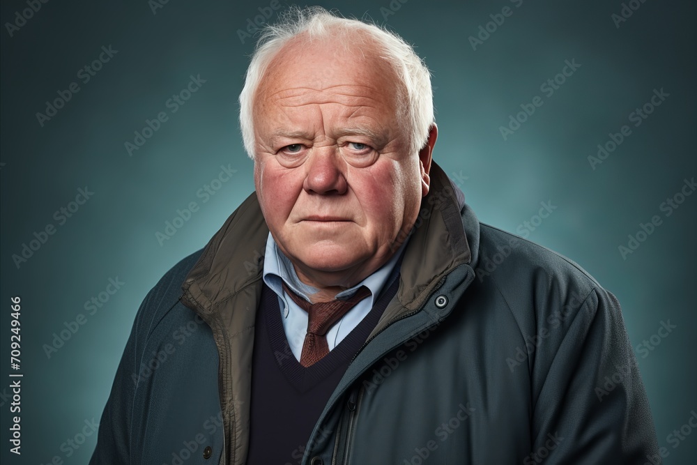 Elderly man with rosy cheeks and nose in unbuttoned jacket on soft green background Elderly man with rosy cheeks and nose in unbuttoned jacket on soft green background