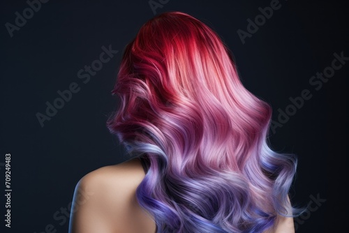 Woman from back with long wavy hair dyed with ombre in pink, purple and blue colors