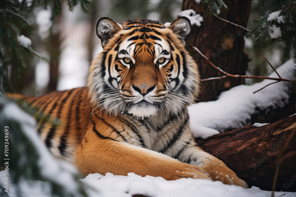 close-up portrait of a siberian tiger lying down in snowy forest