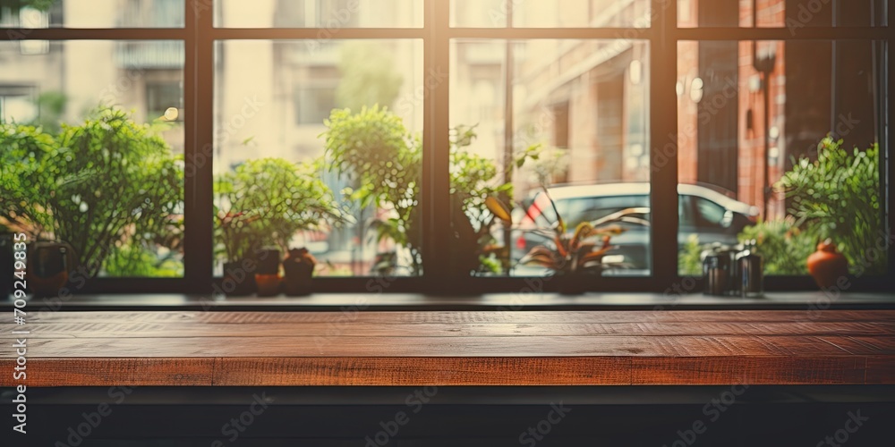 Restaurant banner background with empty wood table and blurred glass window interior - perfect for displaying or showcasing products. Restaurant banner background with empty wood table and blurred glass window interior - perfect for displaying or showcasing products.