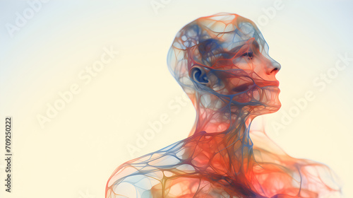 Human body figure silhouette formed of veins and energy. Colored complex flow of energy through body, on simple blank background. 