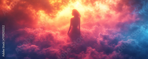 A beautiful silhouette of a woman in a surround dissolve in neon swirling flowing smoke fog 