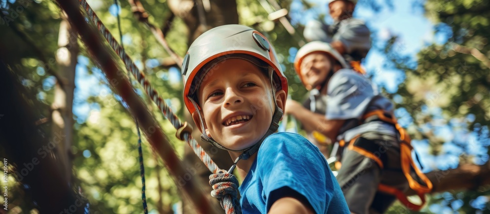 Father and son climbing together at adventure park. - obrazy, fototapety, plakaty 