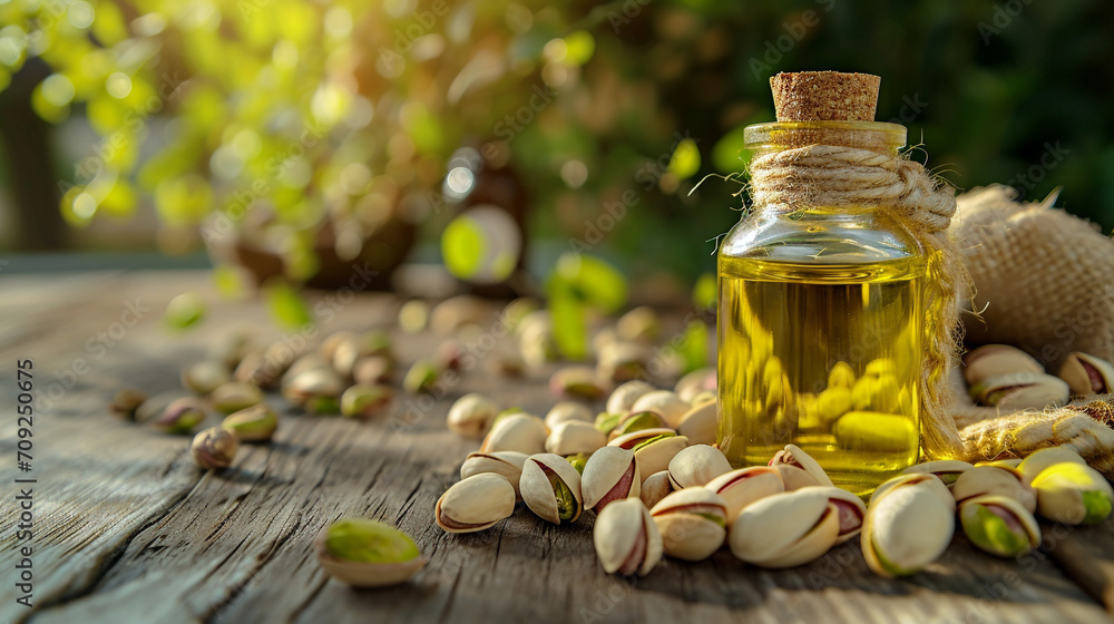 Glass bottle with pistachio oil, pistachios on a wooden table on the natural background of a pistachio garden. Healthy natural foods. Glass bottle with pistachio oil, pistachios on a wooden table on the natural background of a pistachio garden. Healthy natural foods.