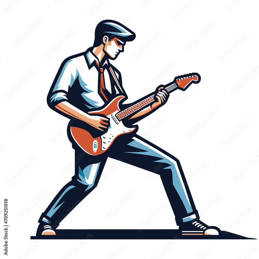 Musician playing electric guitar, rockstar guitarist design vector illustration, guitar-playing isolated on white background Musician playing electric guitar, rockstar guitarist design vector illustration, guitar-playing isolated on white background