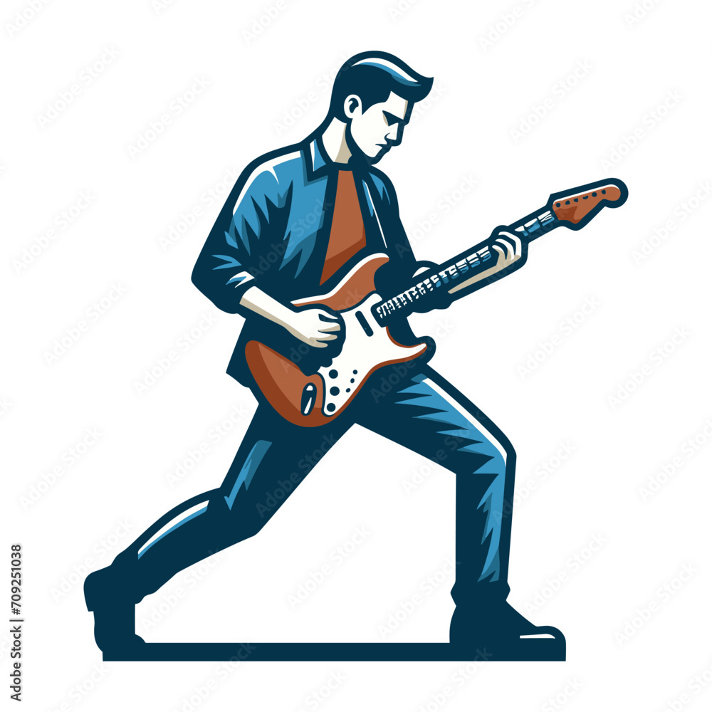 Musician playing electric guitar, rockstar guitarist design vector illustration, guitar-playing isolated on white background Musician playing electric guitar, rockstar guitarist design vector illustration, guitar-playing isolated on white background