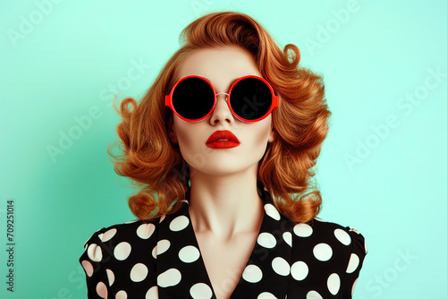 Retro 1980s Woman in Colorful Neon Clothes with Sunglasses. Fashion retro futuristic woman wearing sunglasses. Futuristic pop art fashion girl Fashion retro futuristic girl on background with circle p