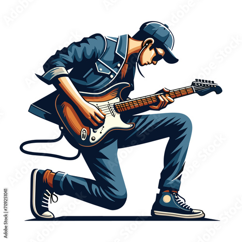 Musician playing electric guitar, rockstar guitarist design vector illustration, guitar-playing isolated on white background