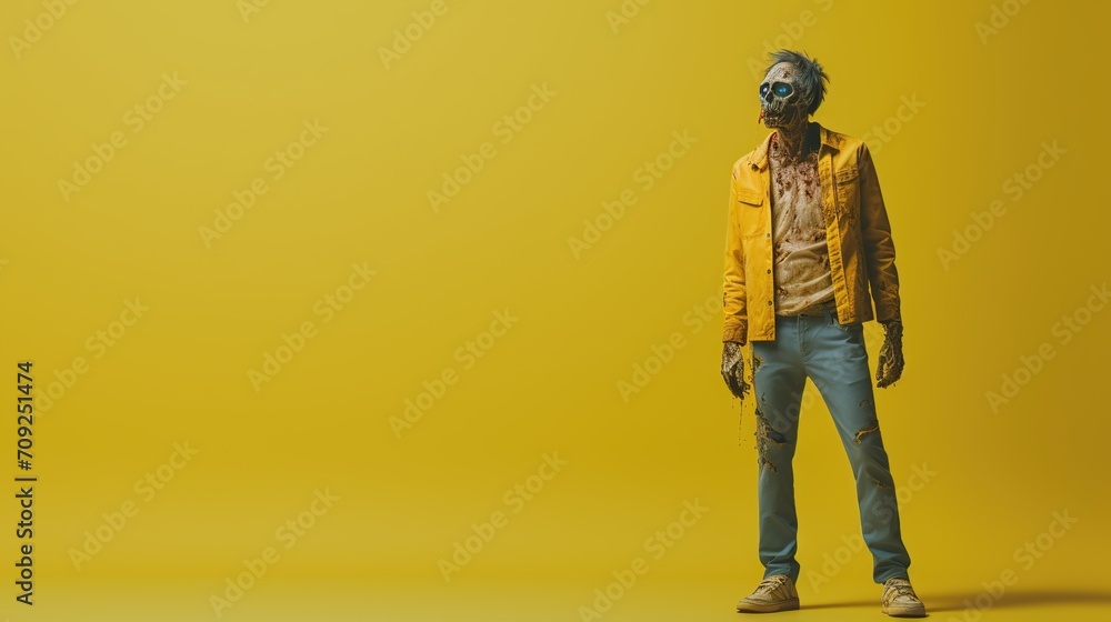 Fototapeta premium A solitary figure in a zombie costume against a stark yellow background, evoking themes of horror, apocalypse, and the surreal.