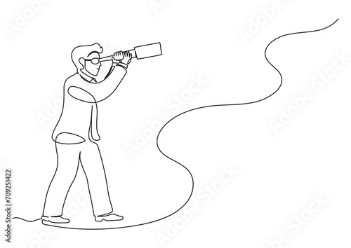 Businessman looks into telescope on the path. Businessman looking to the future. 