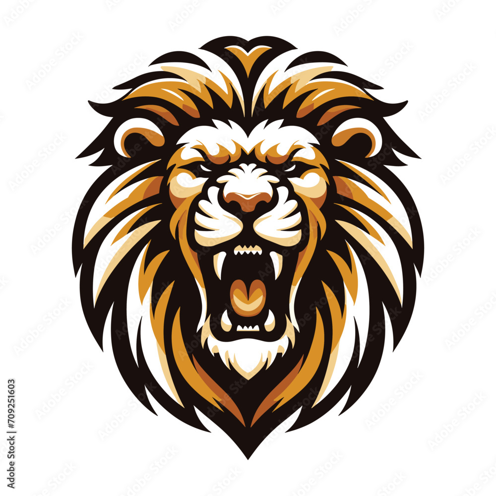 Obraz premium Lion Head Roaring Logo mascot vector illustration, emblem design isolated on white background