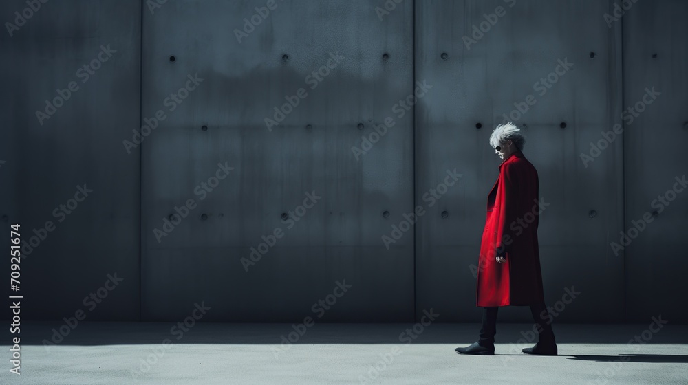 Fototapeta premium A figure with striking white hair and a vibrant red coat walks along a shadowed pathway, exuding a sense of mystery and contemplation against a monochromatic background.