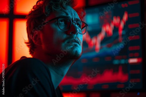 A nerd man crying with Bitcoin red trading graph monitor background.