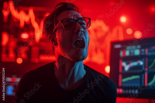 A nerd man crying with Bitcoin red trading graph monitor background.