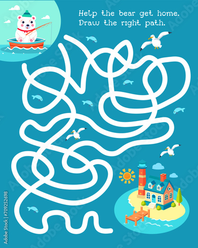 Labyrinth for children. Activity and education. Puzzle maze for kids. Cute cartoon characters. Help the bear cub get home. Draw path. Vector illustration.