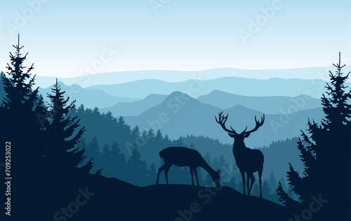 Vector blue landscape with silhouettes of misty mountains, forests and deer