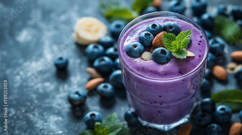 smoothie or shake with fresh blueberries and mint on a dark background