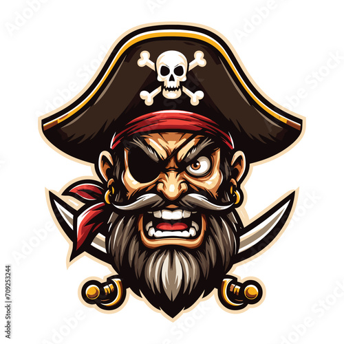 Angry pirate head face with hat and eye patch mascot design vector illustration, logo template isolated on white background
