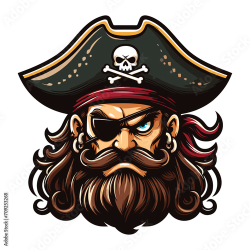 Angry pirate head face with hat and eye patch mascot design vector illustration, logo template isolated on white background