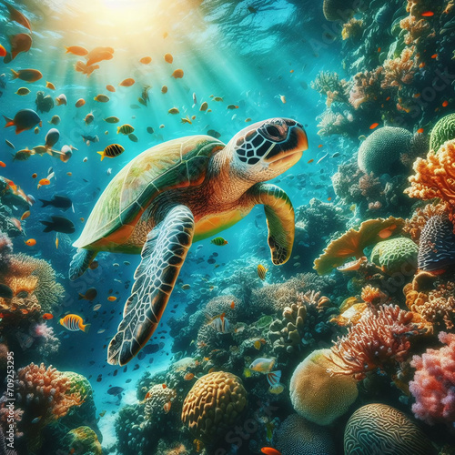 Green sea turtle on coral reef. Tropical underwater scene. 3d render