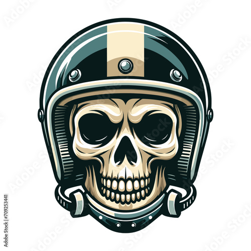 Retro vintage biker racer skull in helmet design vector template illustration. t-shirt design, logo mascot emblem isolated on white background