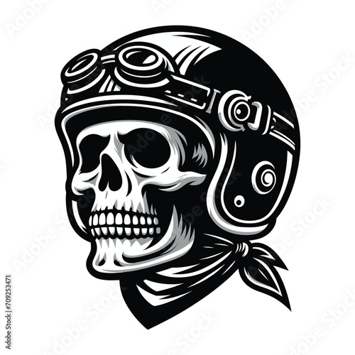 Retro vintage biker racer skull in helmet design vector template illustration. t-shirt design, logo mascot emblem isolated on white background