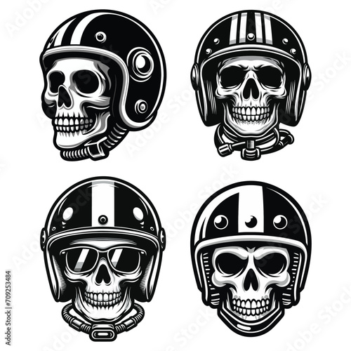 Set of retro vintage biker racer skull in helmet design vector template illustration. t-shirt design, logo mascot emblem isolated on white background