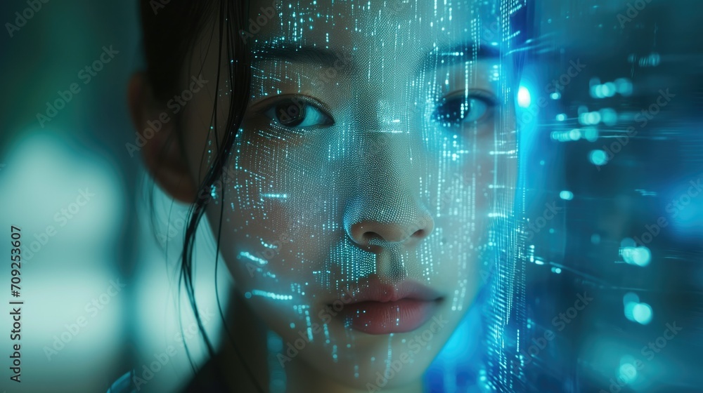 In a futuristic setting, a young woman's face merges with a glowing digital hologram, highlighting the synergy between humanity and technology