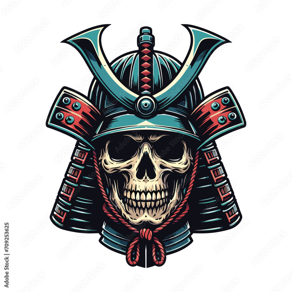 Fototapeta premium skull head face with samurai helmet design vector illustration. Traditional Japanese culture. Tattoo print. illustration for t-shirt print, fabric and other uses. Isolated on white background