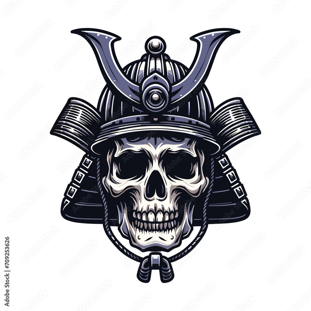 Fototapeta premium skull head face with samurai helmet design vector illustration. Traditional Japanese culture. Tattoo print. illustration for t-shirt print, fabric and other uses. Isolated on white background