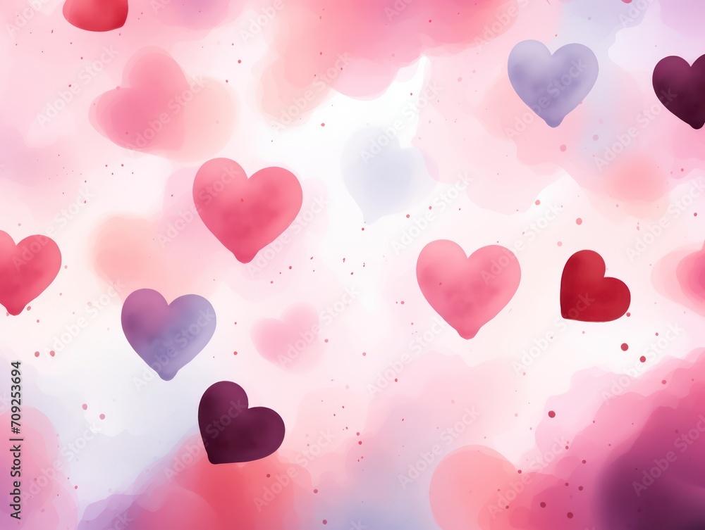 Hearts painted in watercolor. beautiful delicate background
