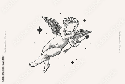 Cute Cupid with love arrow and stars. Beautiful Amur in engraving style. God of love and romance. Mythological antique character on a light background. photo