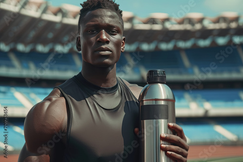 joven atleta negro mirando a camara portando un bote para proteínas y líquidos en la mano, con espacio para publicidad, sobre fondo desenfocado de estadio olímpico