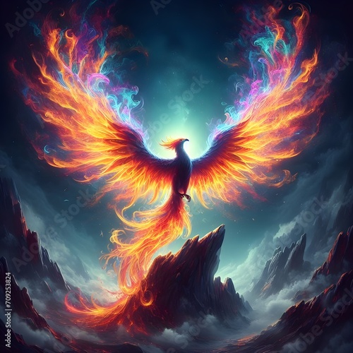 3d rendering of a flaming phoenix bird in the sky. 
