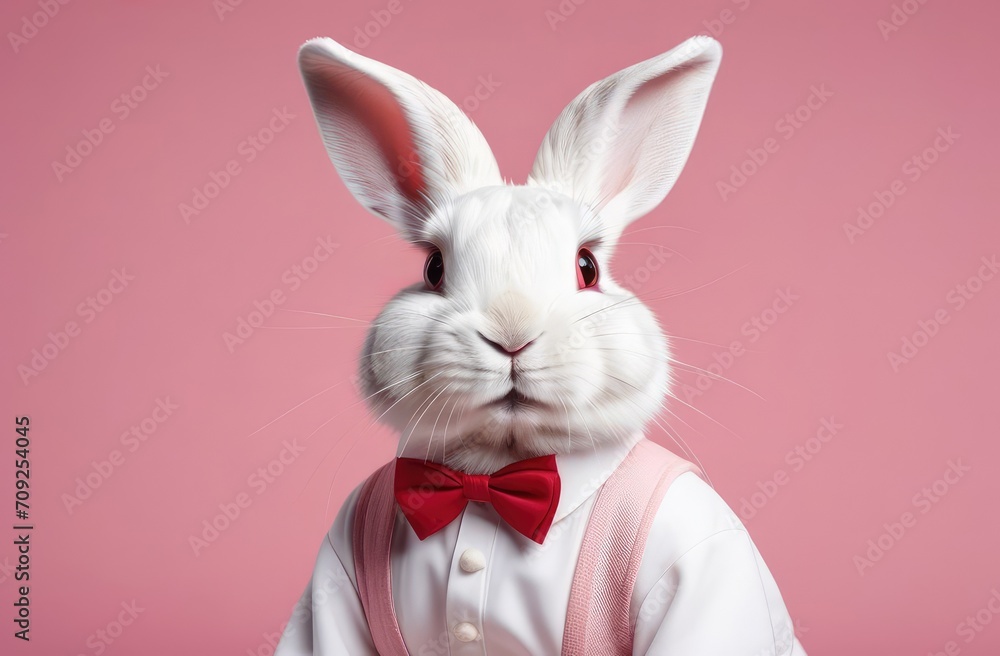 Easter white fluffy rabbit is sitting on a pink background