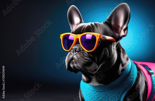 A black creative French bulldog in multicolored sunglasses on a blue background © Yliya