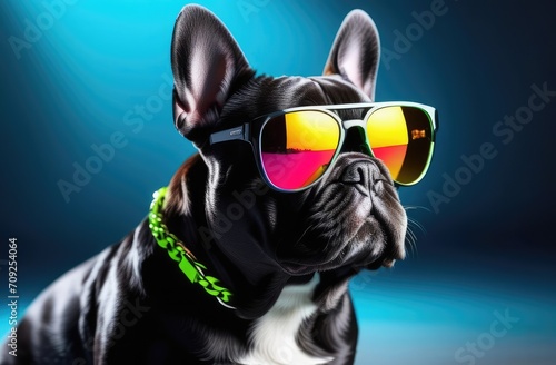 A black creative French bulldog in multicolored sunglasses on a blue background © Yliya