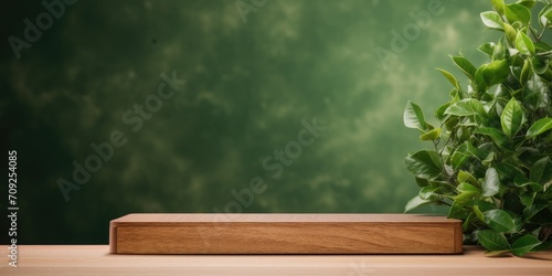 Wooden podium on green wall with leaves background. Mockup for design and display.