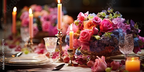 Wedding table adorned with vibrant flowers and a melting candle photo