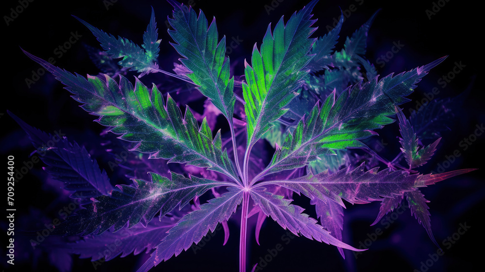 Fototapeta premium Colored neon large marijuana leaves and hemp buds leaves of flowering cannabis bushes against a bright hallucinogenic psychedelic background