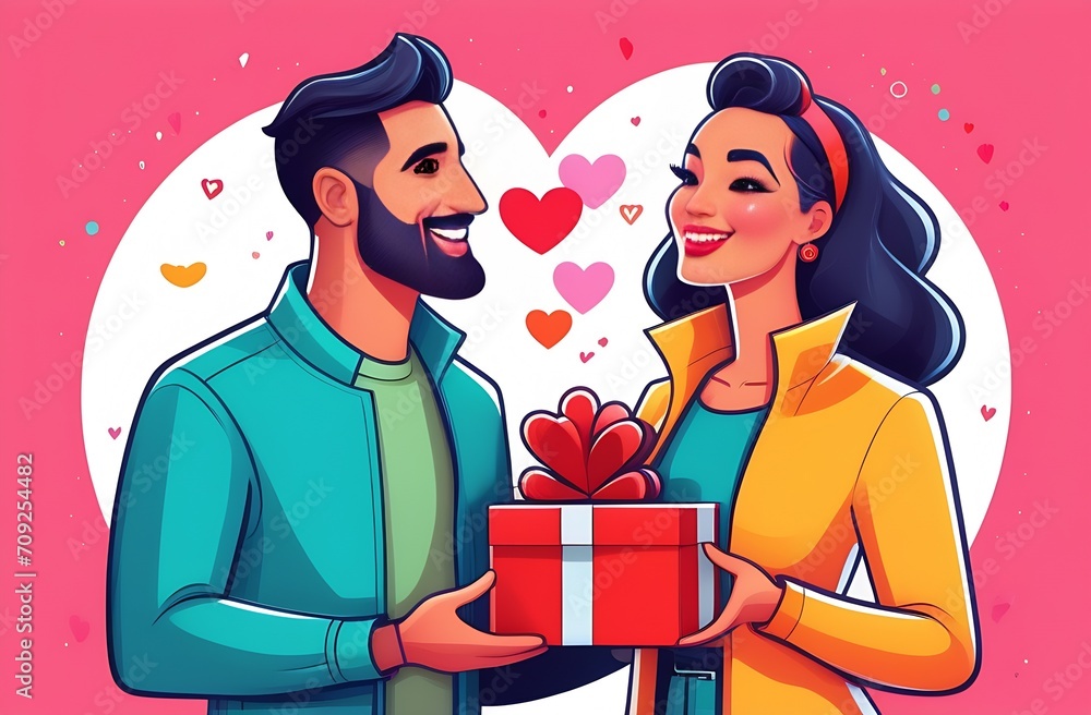 Couple in love giving each other gifts, Love between a man and a woman, Romance, Valentine's Day Couple in love giving each other gifts, Love between a man and a woman, Romance, Valentine's Day